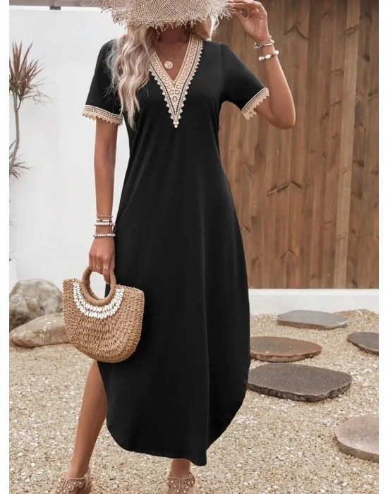 Kadın Kısa Kollu Dantel V Yakalı Uzun Viskon Elbise