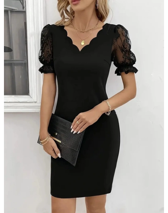 Kadın Kısa Kollu Dantelli V Yakalı Yanlardan Büzgülü çapraz Detaylı Ithal Krep Elbise