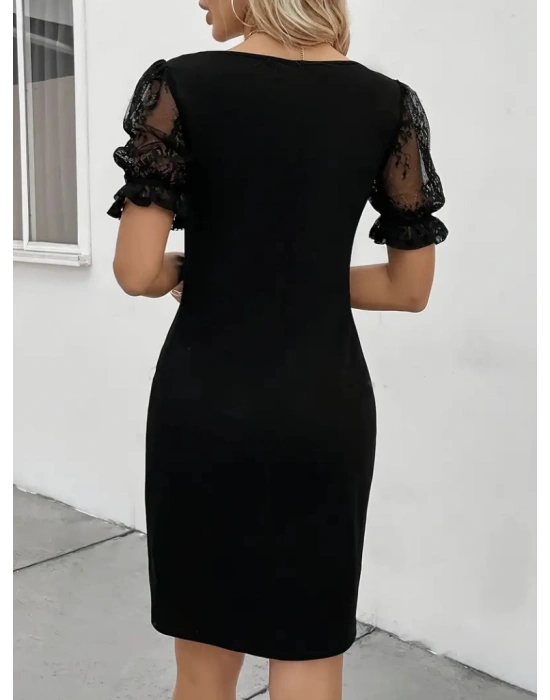 Kadın Kısa Kollu Dantelli V Yakalı Yanlardan Büzgülü çapraz Detaylı Ithal Krep Elbise