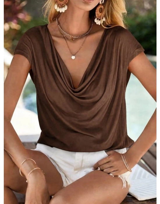 Kadın Kısa Kollu Degaje Yakalı Viskon Bluz