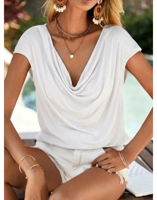 Kadın Kısa Kollu Degaje Yakalı Viskon Bluz