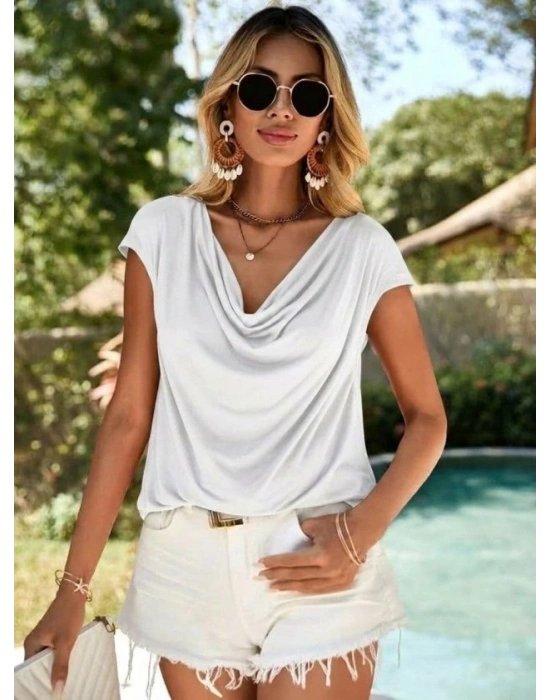 Kadın Kısa Kollu Degaje Yakalı Viskon Bluz