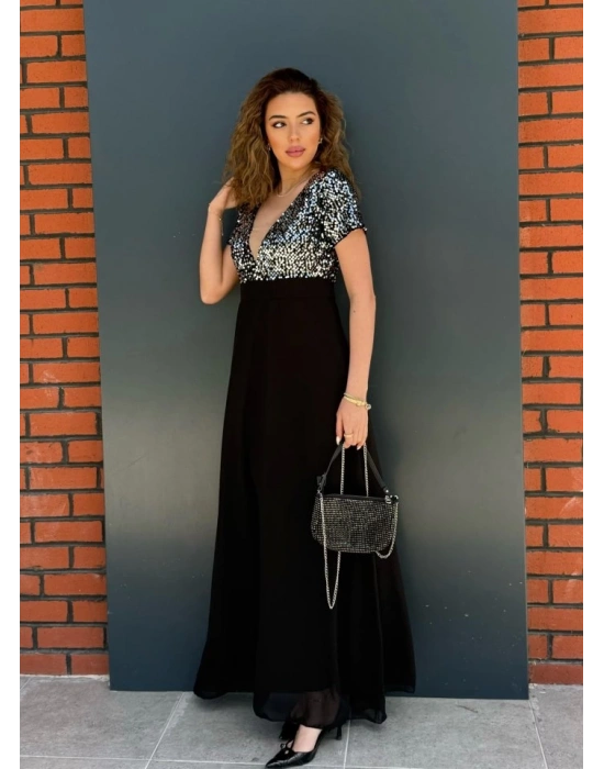 Kadın Kısa Kollu Derin V Yakalı A Kesim Pulpayet Detaylı şifon Nedime Elbisesi