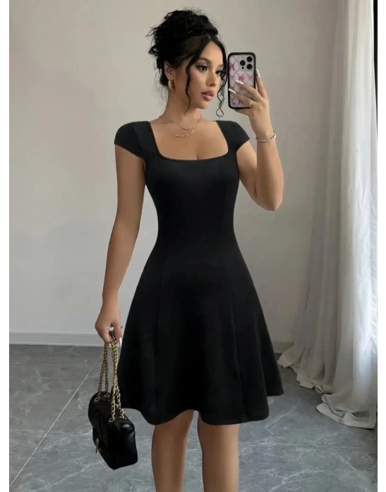 Kadın Kısa Kollu Geometrik Yakalı Janjan Krep Elbise