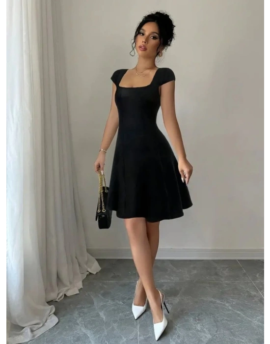 Kadın Kısa Kollu Geometrik Yakalı Janjan Krep Elbise