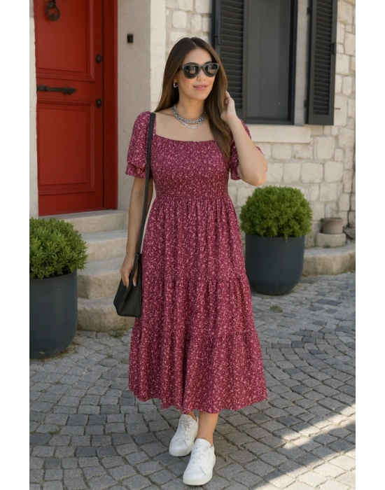 Kadın Kısa Kollu Gipe Detaylı Desenli Midi Süprem Elbise