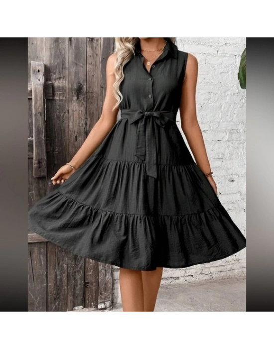 Kadın Kısa Kollu Gömlek Yaka Düğmeli Beli Kuşaklı Katlı Dokuma Midi Elbise