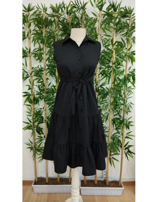 Kadın Kısa Kollu Gömlek Yaka Düğmeli Beli Kuşaklı Katlı Dokuma Midi Elbise