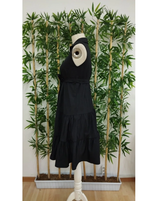 Kadın Kısa Kollu Gömlek Yaka Düğmeli Beli Kuşaklı Katlı Dokuma Midi Elbise