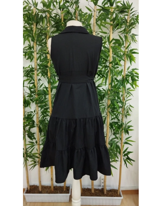 Kadın Kısa Kollu Gömlek Yaka Düğmeli Beli Kuşaklı Katlı Dokuma Midi Elbise