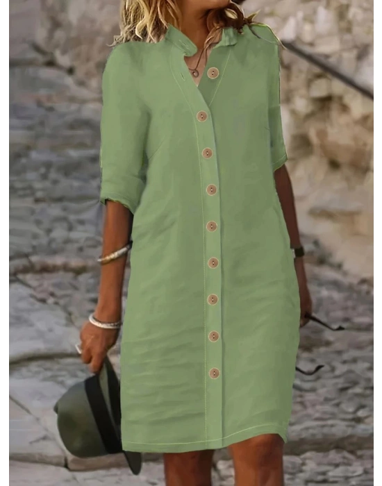 Kadın Kısa Kollu Hakim Yaka önden Düğmeli Kısa Müslim Elbise