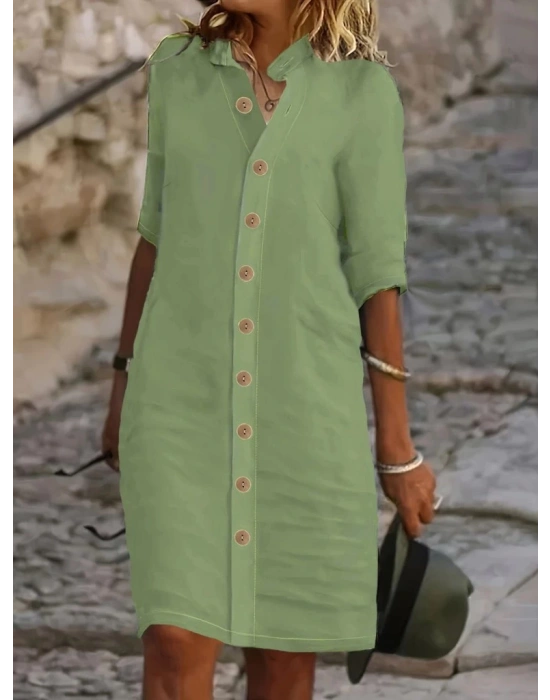 Kadın Kısa Kollu Hakim Yaka önden Düğmeli Kısa Müslim Elbise