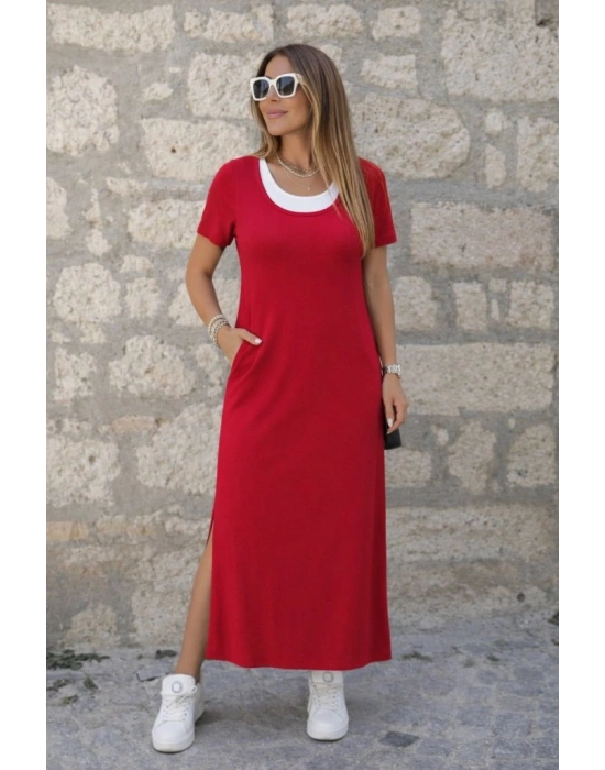 Kadın Kısa Kollu Içi Atlet Görünümlü Yandan Yırtmaçlı Uzun Viskon Elbise