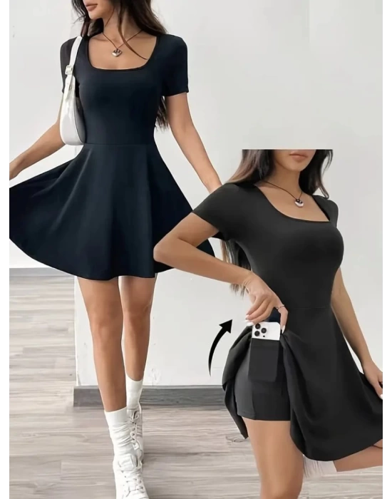 Kadın Kısa Kollu Kare Yaka Short Detaylı Cepli Dalgıç Elbise