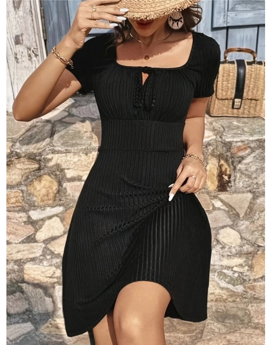 Kadın Kısa Kollu Kare Yakalı Bağcıklı Kaşkorse Elbise