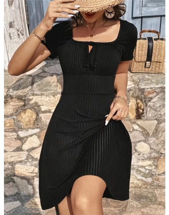 Kadın Kısa Kollu Kare Yakalı Bağcıklı Kaşkorse Elbise