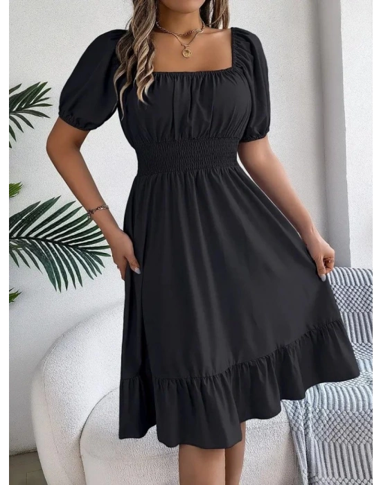 Kadın Kısa Kollu Kare Yakalı Beli Lastikli Kısa Trikoton Elbise