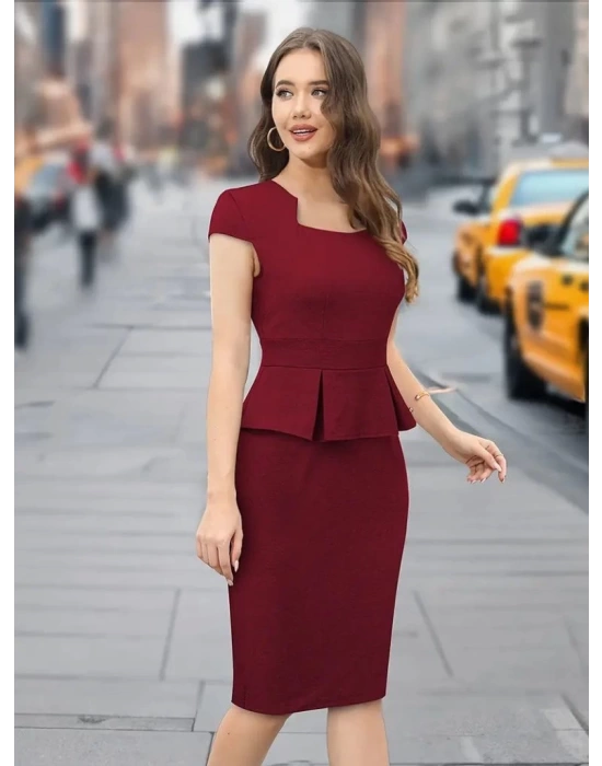 Kadın Kısa Kollu Kare Yakalı Ithal Krep Elbise