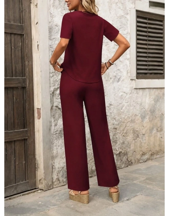 Kadın Kısa Kollu Kayık Yaka önü Asimetrik Detaylı Kısa Sandy Bluz Ve Pantolon Ikili Takım