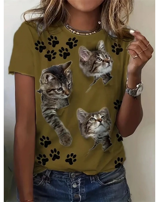 Kadın Kısa Kollu Kedi Ve Pati Baskılı Süprem T-shirt