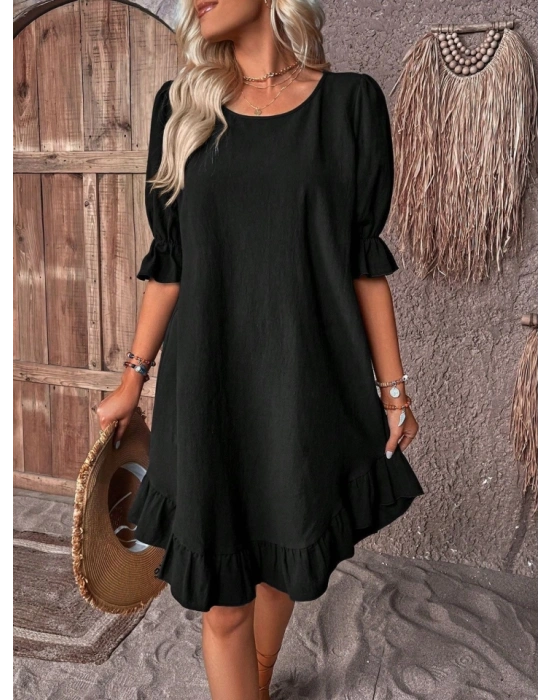 Kadın Kısa Kollu Kol Ve Eteği Volanlı Bisiklet Yaka Aerobin Elbise