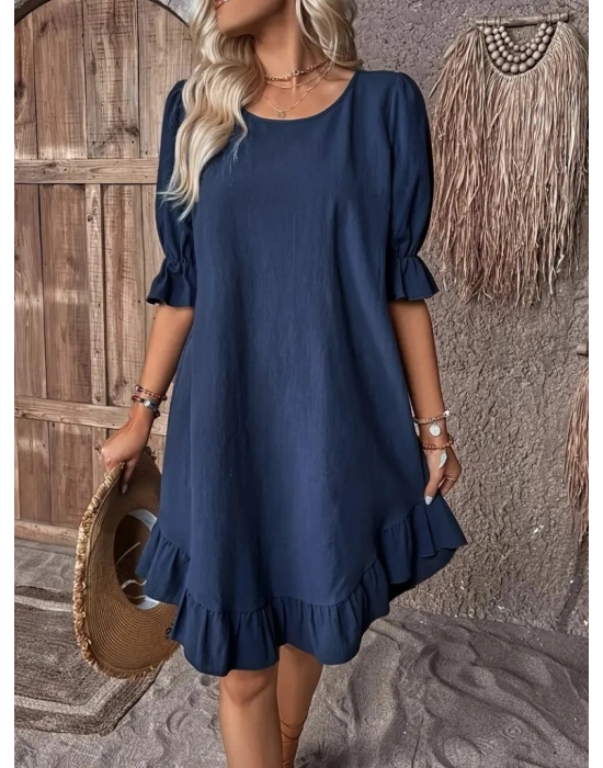 Kadın Kısa Kollu Kol Ve Eteği Volanlı Bisiklet Yaka Aerobin Elbise