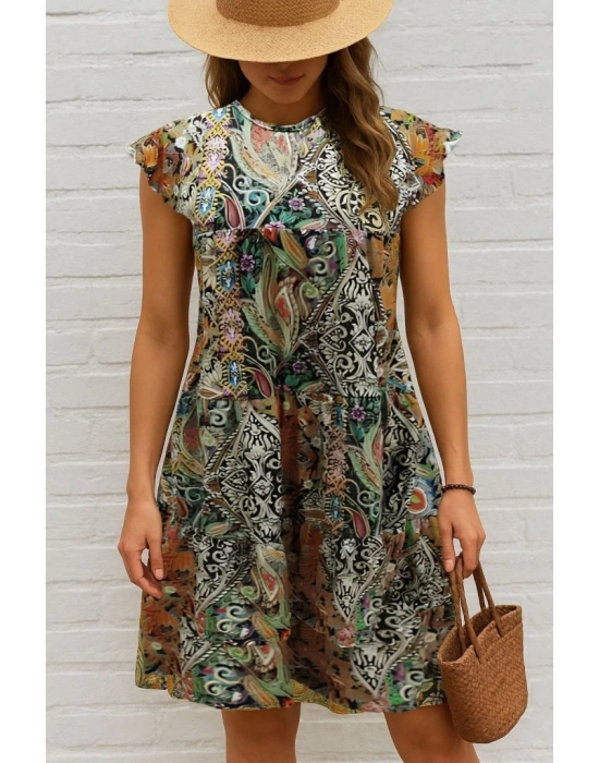 Kadın Kısa Kollu Kolları Fırfırlı Bisiklet Yakalı Kare Desenli Elbise