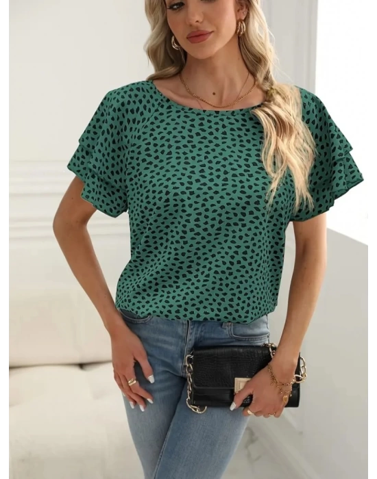 Kadın Kısa Kollu Kolları Volanlı Baskılı Süprem Bluz