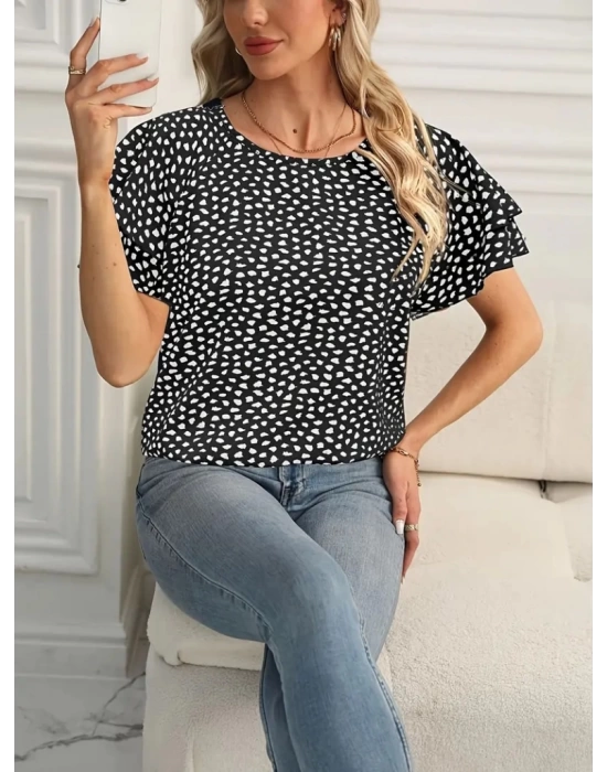 Kadın Kısa Kollu Kolları Volanlı Baskılı Süprem Bluz