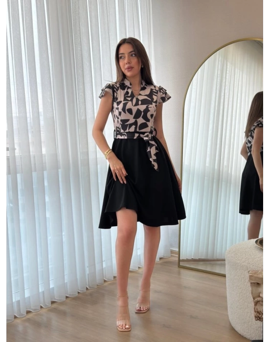 Kadın Kısa Kollu Kolu Fırfır Detay Mini Kuşaklı Kloş Krep Elbise