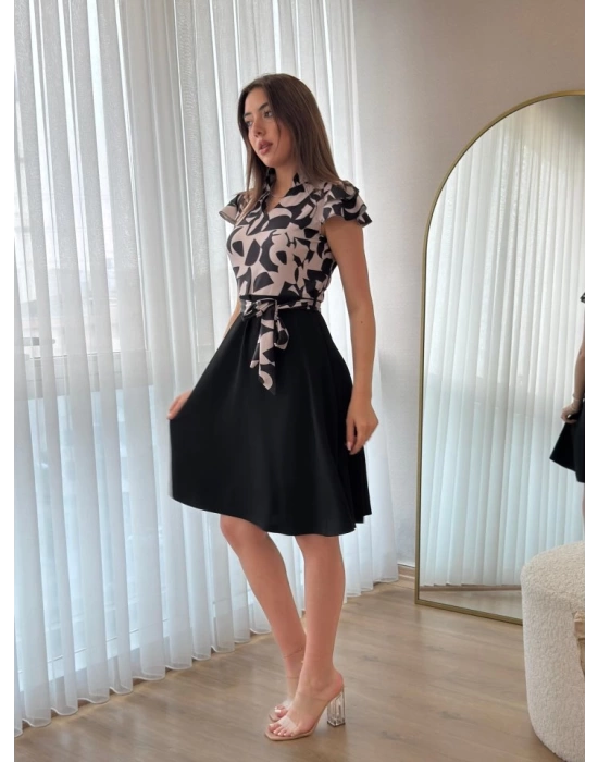 Kadın Kısa Kollu Kolu Fırfır Detay Mini Kuşaklı Kloş Krep Elbise