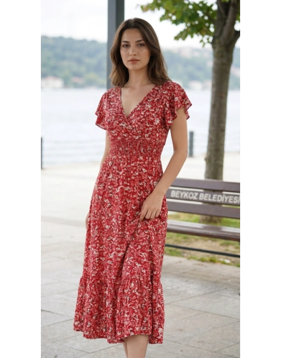Kadın Kısa Kollu Kruvaze Yaka Beli Lastikli çiçek Desenli Elbise