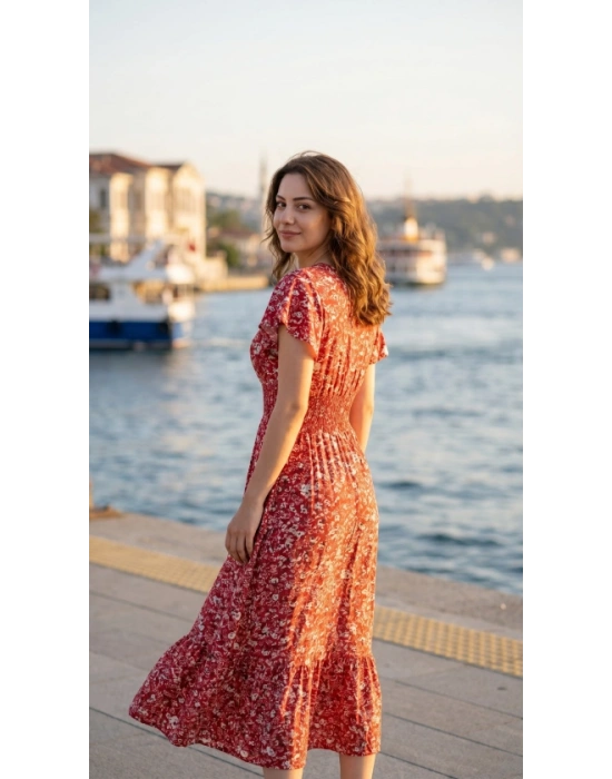 Kadın Kısa Kollu Kruvaze Yaka Beli Lastikli çiçek Desenli Elbise