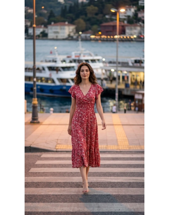 Kadın Kısa Kollu Kruvaze Yaka Beli Lastikli çiçek Desenli Elbise