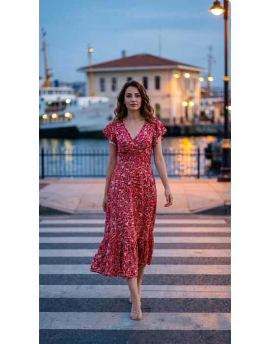 Kadın Kısa Kollu Kruvaze Yaka Beli Lastikli çiçek Desenli Elbise