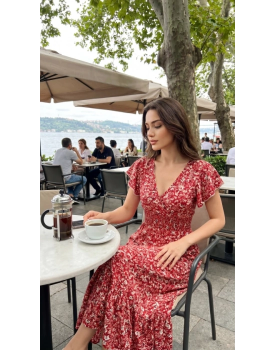 Kadın Kısa Kollu Kruvaze Yaka Beli Lastikli çiçek Desenli Elbise