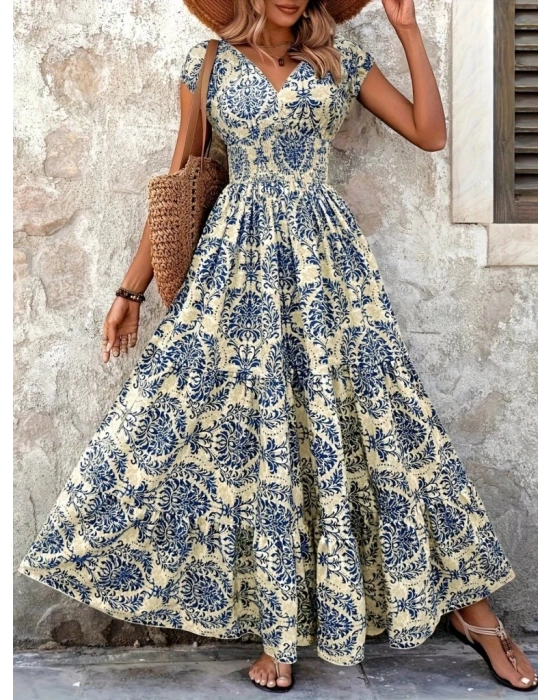 Kadın Kısa Kollu Kruvaze Yaka Beli Lastikli Süprem Maksi Boy Elbise