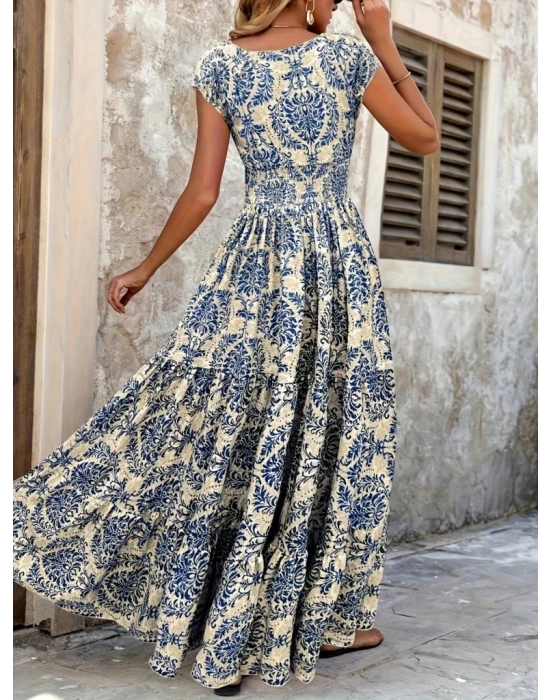 Kadın Kısa Kollu Kruvaze Yaka Beli Lastikli Süprem Maksi Boy Elbise