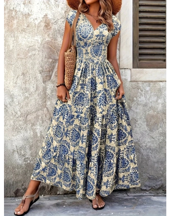 Kadın Kısa Kollu Kruvaze Yaka Beli Lastikli Süprem Maksi Boy Elbise