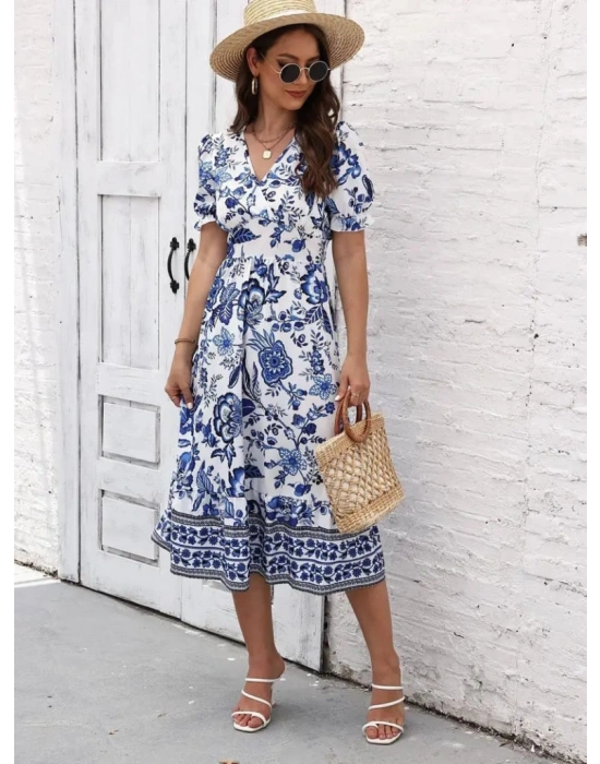 Kadın Kısa Kollu Kruvaze Yaka Eteği Volanlı çiçek Desenli Likralı Saten Midi Boy Elbise