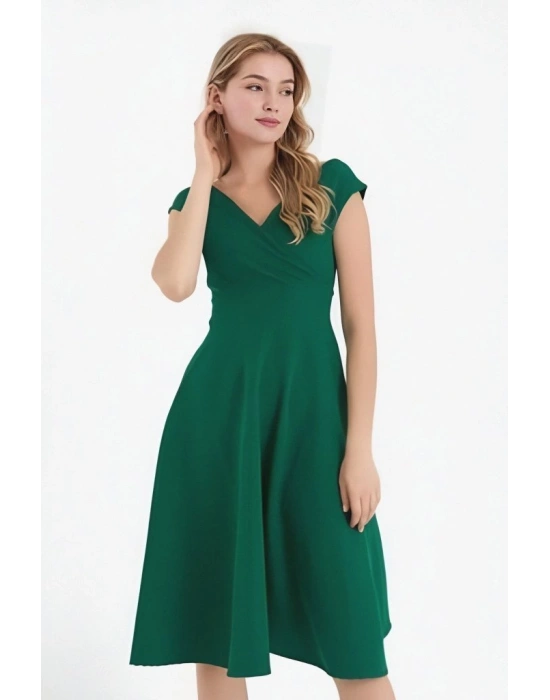 Kadın Kısa Kollu Kruvaze Yaka Eteği Volanlı Krep Elbise