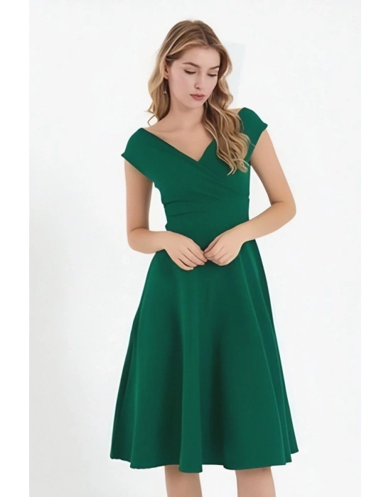 Kadın Kısa Kollu Kruvaze Yaka Eteği Volanlı Krep Elbise