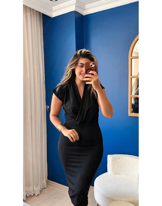 Kadın Kısa Kollu Kruvaze Yaka Krep Elbise (Kemersiz)