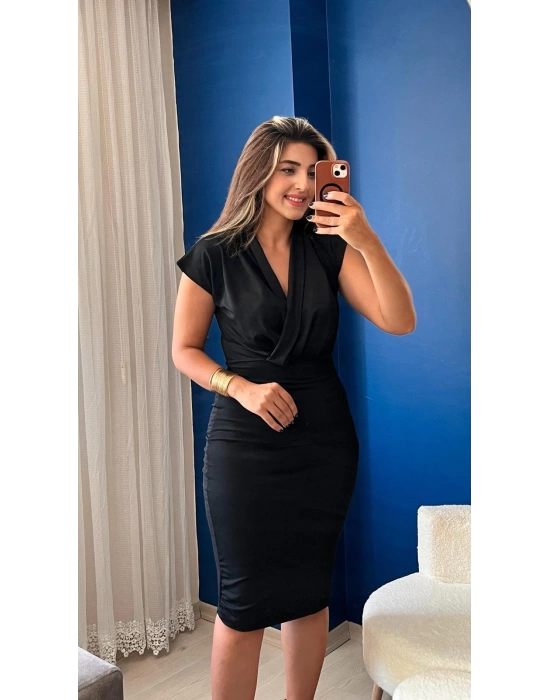 Kadın Kısa Kollu Kruvaze Yaka Krep Elbise (Kemersiz)