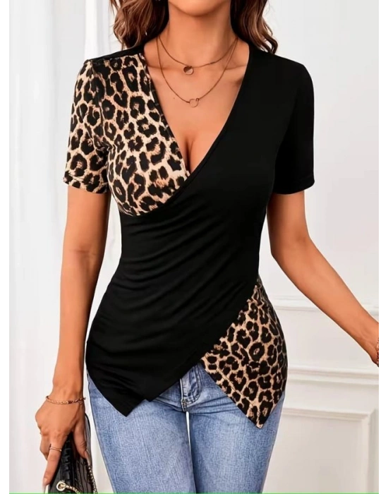 Kadın Kısa Kollu Kruvaze Yaka önden Asimetrik Kesim Detaylı Kısa Viskon Bluz