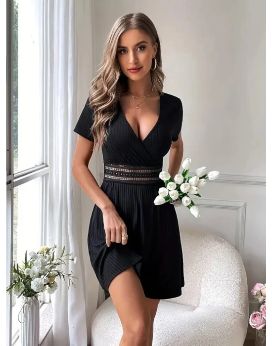 Kadın Kısa Kollu Kruvaze Yakalı Belden Dantelli Kaşkorse Elbise