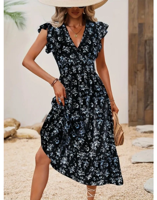 Kadın Kısa Kollu Kruvaze Yakalı Beli Lastikli çiçek Desenli Elbise