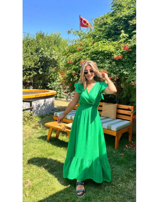 Kadın Kısa Kollu Kruvaze Yakalı Beli Lastikli Müslim Elbise
