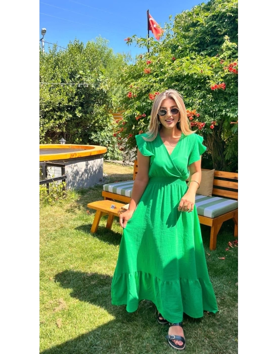 Kadın Kısa Kollu Kruvaze Yakalı Beli Lastikli Müslim Elbise