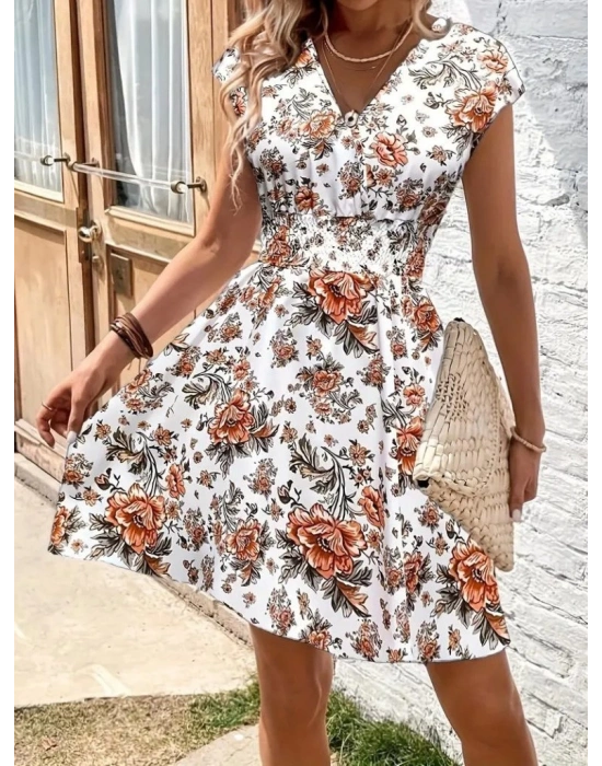 Kadın Kısa Kollu Kruvaze Yakalı çiçekli Desenli Süprem Elbise